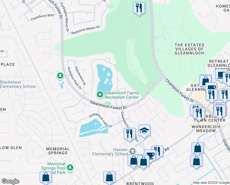 map of restaurants, bars, coffee shops, grocery stores, and more near 26 Kerloch Point in Spring