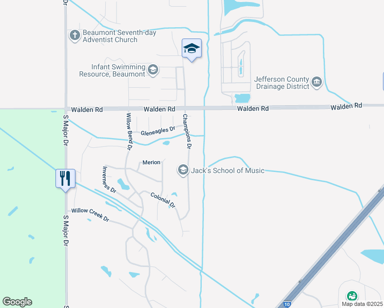 map of restaurants, bars, coffee shops, grocery stores, and more near 3745 Champions Drive in Beaumont