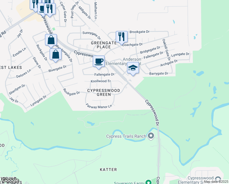 map of restaurants, bars, coffee shops, grocery stores, and more near 6122 Fairway Manor Lane in Spring