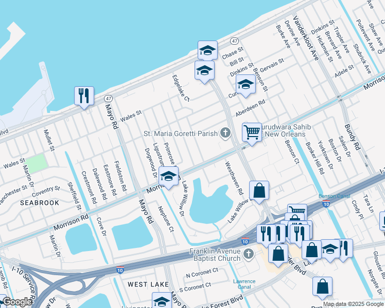 map of restaurants, bars, coffee shops, grocery stores, and more near 7300 Malvern Drive in New Orleans