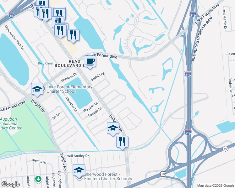 map of restaurants, bars, coffee shops, grocery stores, and more near 11433 South Easterlyn Circle in New Orleans