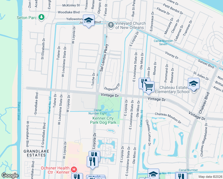 map of restaurants, bars, coffee shops, grocery stores, and more near 81 Dogwood Drive in Kenner