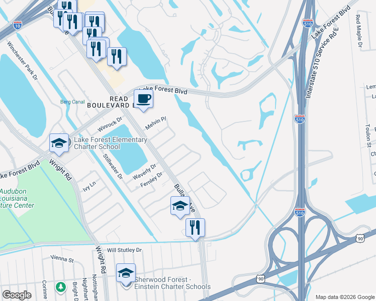 map of restaurants, bars, coffee shops, grocery stores, and more near 11433 South Easterlyn Circle in New Orleans