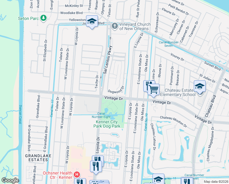 map of restaurants, bars, coffee shops, grocery stores, and more near 81 Dogwood Drive in Kenner