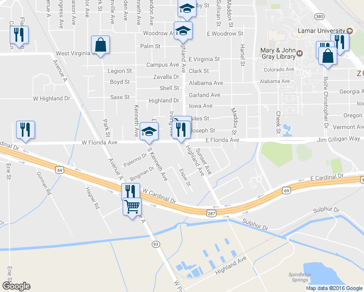 map of restaurants, bars, coffee shops, grocery stores, and more near 517 West Florida Avenue in Beaumont