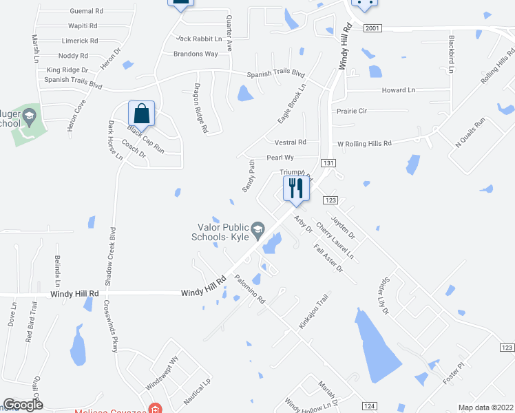 map of restaurants, bars, coffee shops, grocery stores, and more near 2401 Windy Hill Road in Kyle