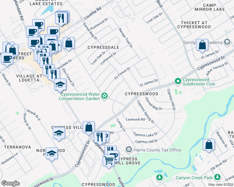 map of restaurants, bars, coffee shops, grocery stores, and more near 17915 Loring Lane in Spring
