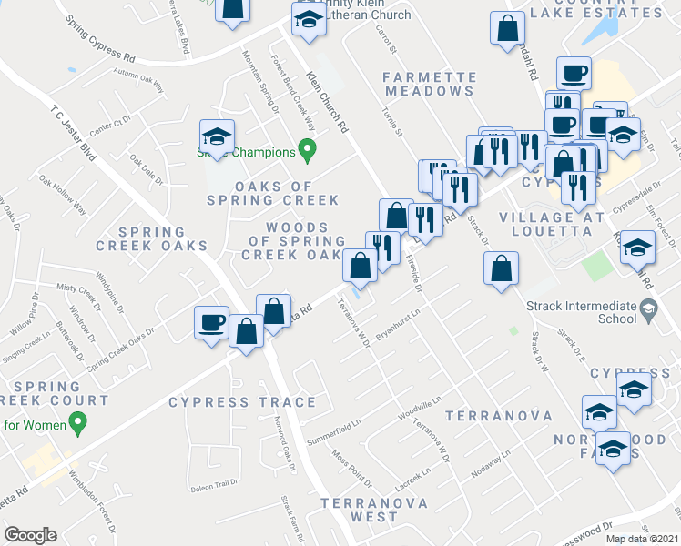 map of restaurants, bars, coffee shops, grocery stores, and more near 5514 Louetta Road in Spring
