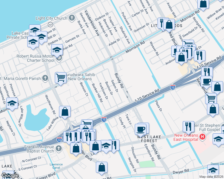 map of restaurants, bars, coffee shops, grocery stores, and more near 7102 Salem Drive in New Orleans