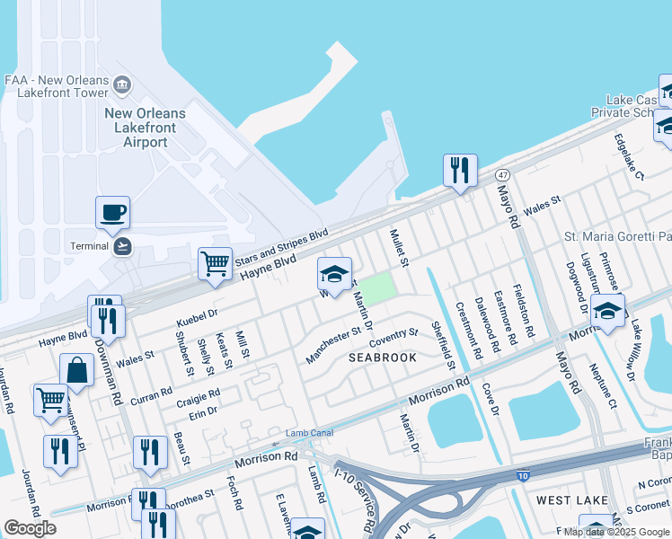 map of restaurants, bars, coffee shops, grocery stores, and more near 52 Martin Drive in New Orleans