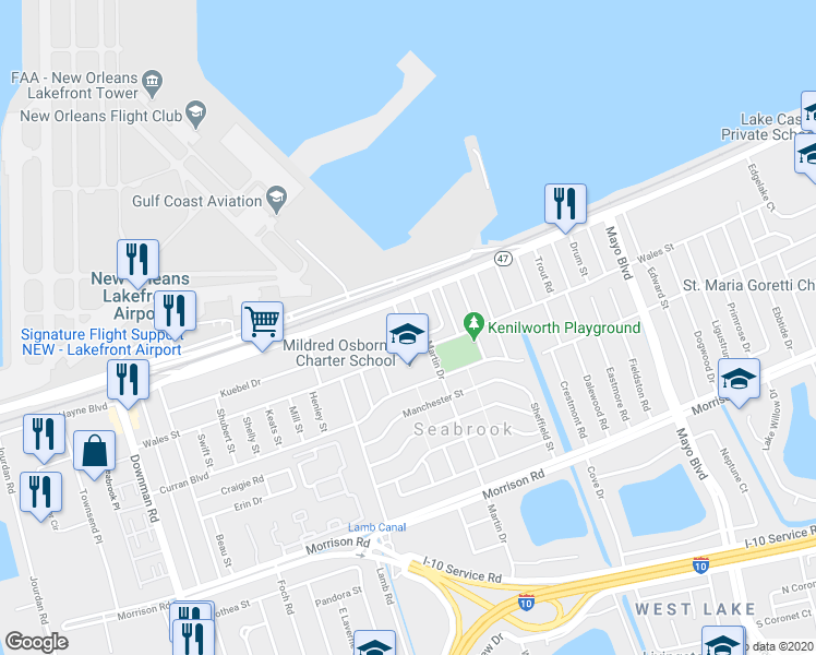 map of restaurants, bars, coffee shops, grocery stores, and more near 52 Martin Drive in New Orleans