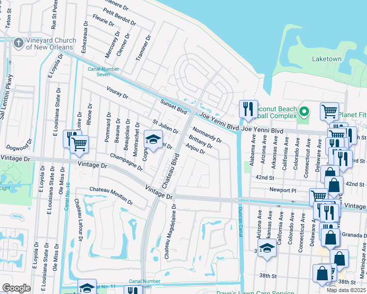 map of restaurants, bars, coffee shops, grocery stores, and more near 4218 Chateau Boulevard in Kenner