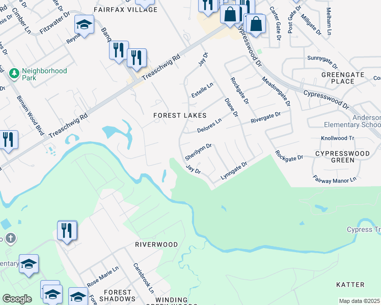 map of restaurants, bars, coffee shops, grocery stores, and more near 5215 Sherilynn Drive in Spring