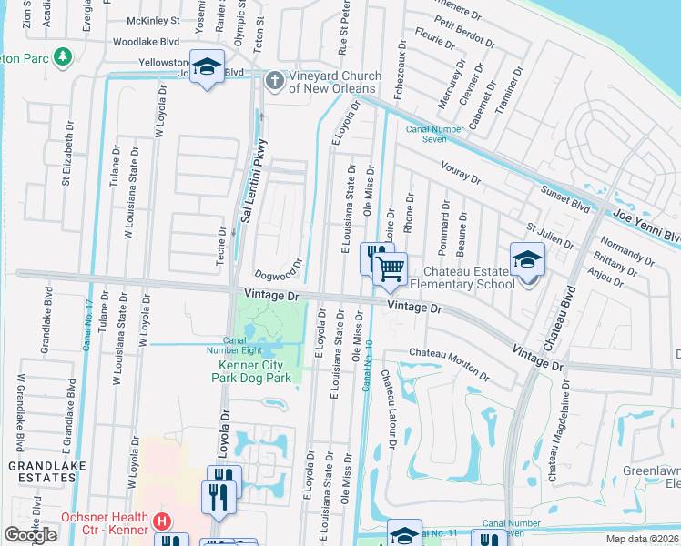 map of restaurants, bars, coffee shops, grocery stores, and more near 4040 East Loyola Drive in Kenner