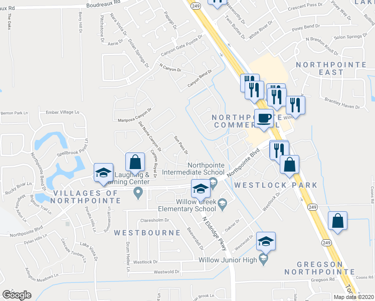 map of restaurants, bars, coffee shops, grocery stores, and more near 18926 Sun Pass Drive in Tomball