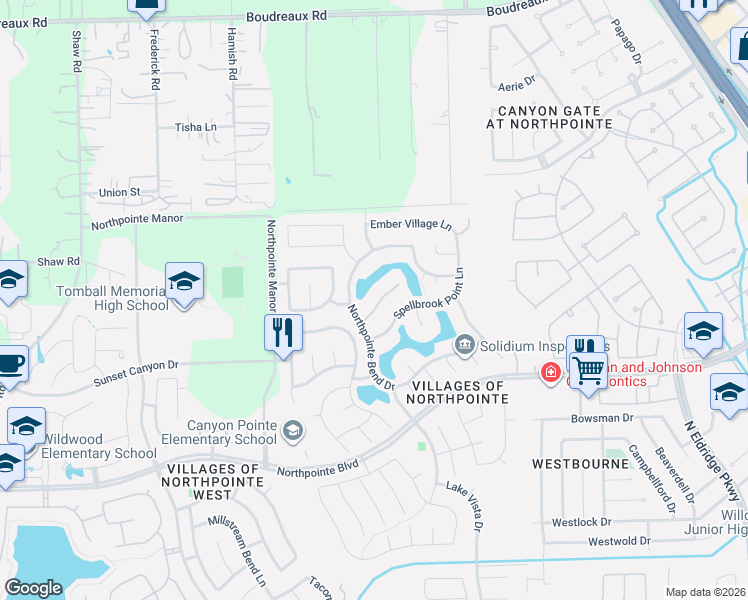 map of restaurants, bars, coffee shops, grocery stores, and more near 12830 Northpointe Bend Drive in Tomball