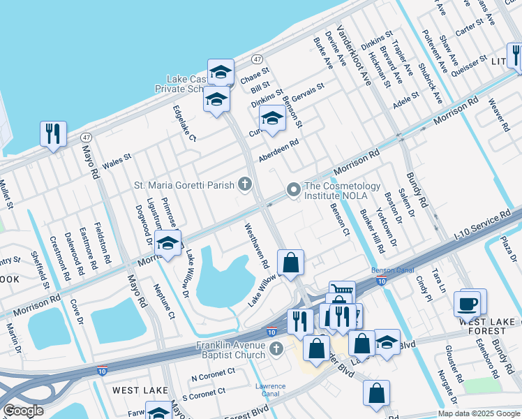 map of restaurants, bars, coffee shops, grocery stores, and more near Morrison Road & Crowder Boulevard in New Orleans
