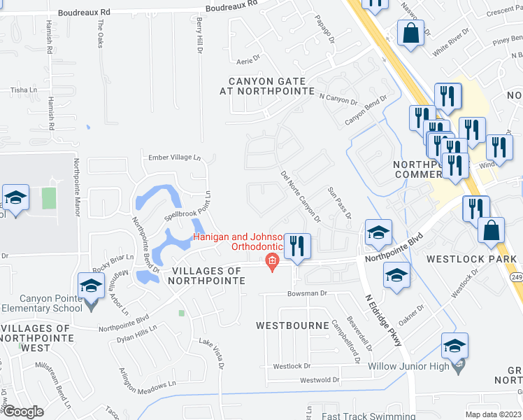 map of restaurants, bars, coffee shops, grocery stores, and more near 12038 South Sawtooth Canyon Drive in Tomball