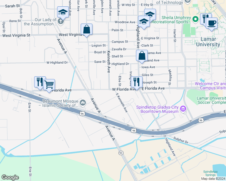map of restaurants, bars, coffee shops, grocery stores, and more near 5206 South Kenneth Avenue in Beaumont