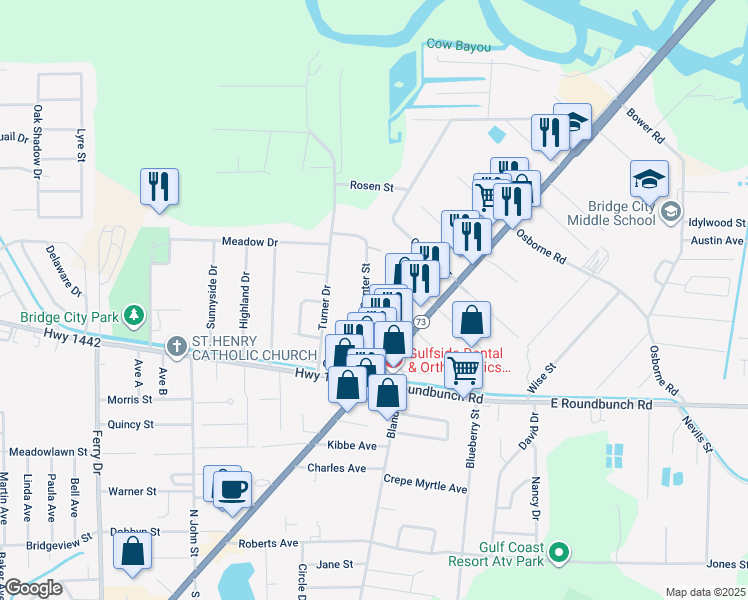 map of restaurants, bars, coffee shops, grocery stores, and more near 950 Center Street in Bridge City