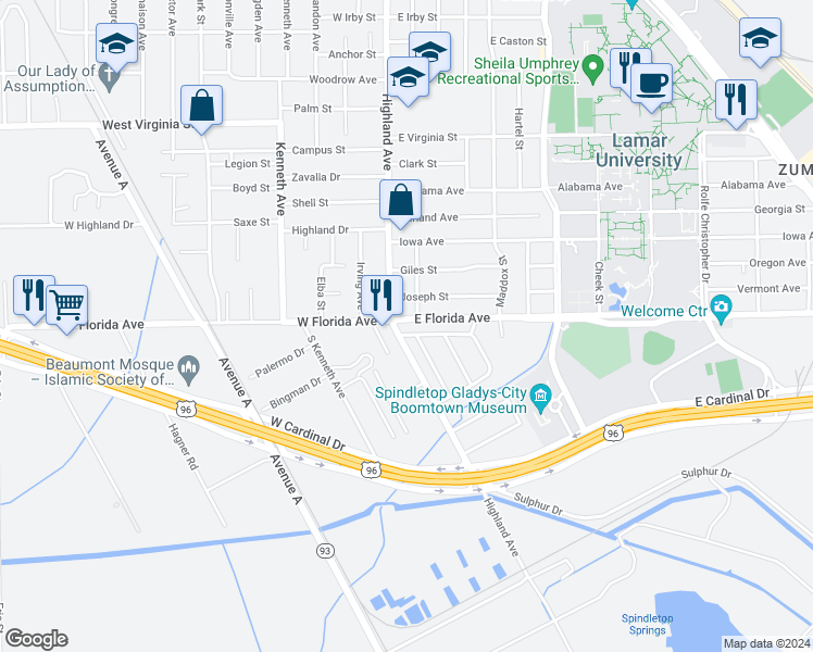 map of restaurants, bars, coffee shops, grocery stores, and more near 155 East Florida Avenue in Beaumont