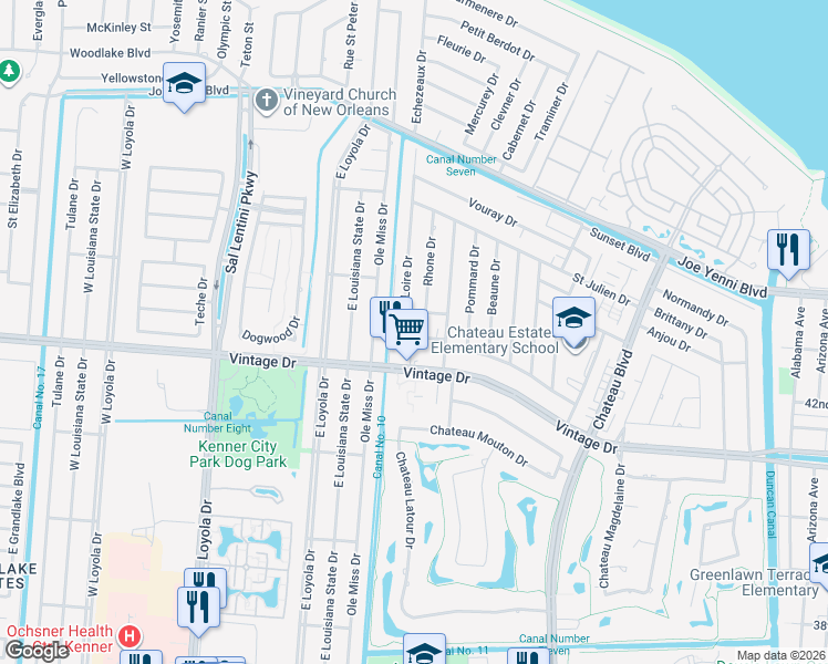 map of restaurants, bars, coffee shops, grocery stores, and more near 601 Chablis Drive in Kenner