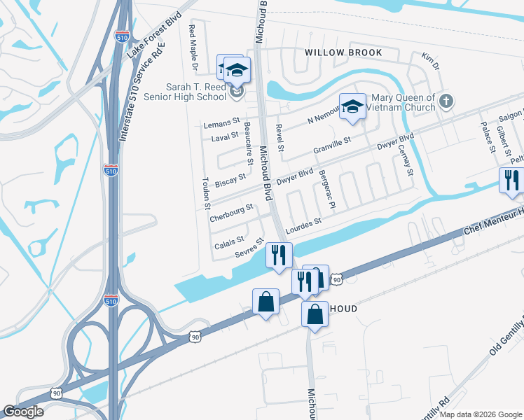 map of restaurants, bars, coffee shops, grocery stores, and more near 1321 Dwyer Boulevard in New Orleans
