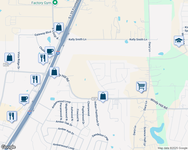 map of restaurants, bars, coffee shops, grocery stores, and more near 401 Purple Martin Avenue in Kyle