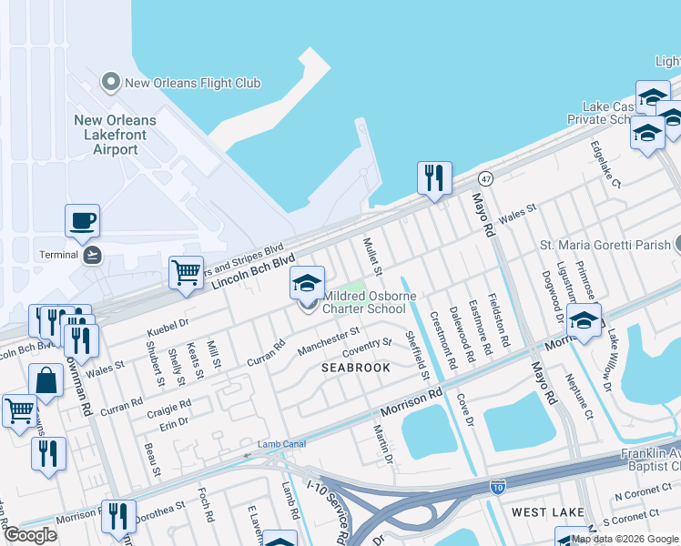 map of restaurants, bars, coffee shops, grocery stores, and more near 7936 Redfish Street in New Orleans