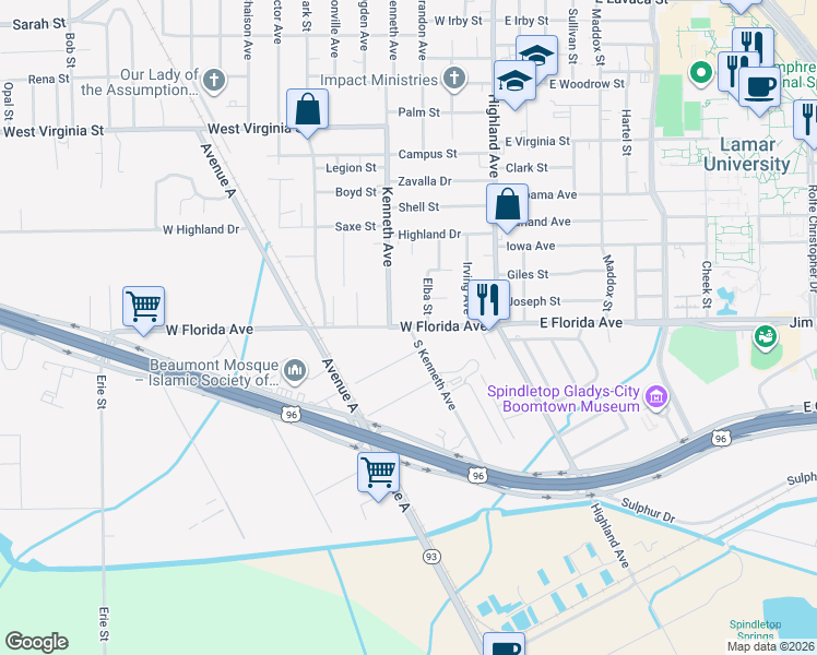 map of restaurants, bars, coffee shops, grocery stores, and more near 770 West Florida Avenue in Beaumont