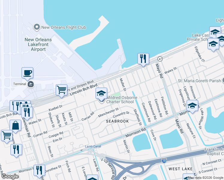 map of restaurants, bars, coffee shops, grocery stores, and more near 7936 Redfish Street in New Orleans
