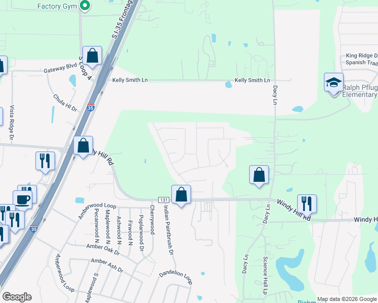 map of restaurants, bars, coffee shops, grocery stores, and more near 221 Northern Flicker Street in Kyle
