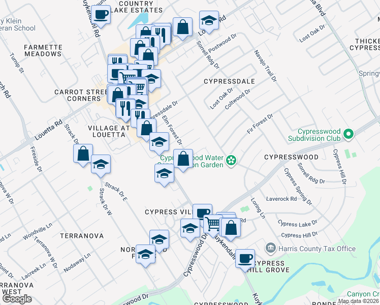 map of restaurants, bars, coffee shops, grocery stores, and more near 4722 Elmbrook Drive in Spring