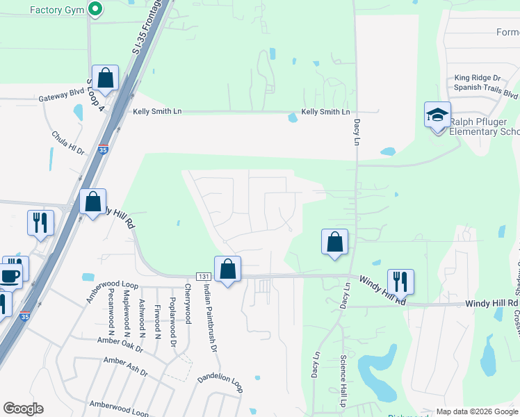 map of restaurants, bars, coffee shops, grocery stores, and more near 206 Screech Owl Drive in Kyle