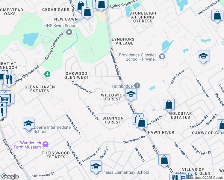 map of restaurants, bars, coffee shops, grocery stores, and more near 18107 Hampton Park in Spring