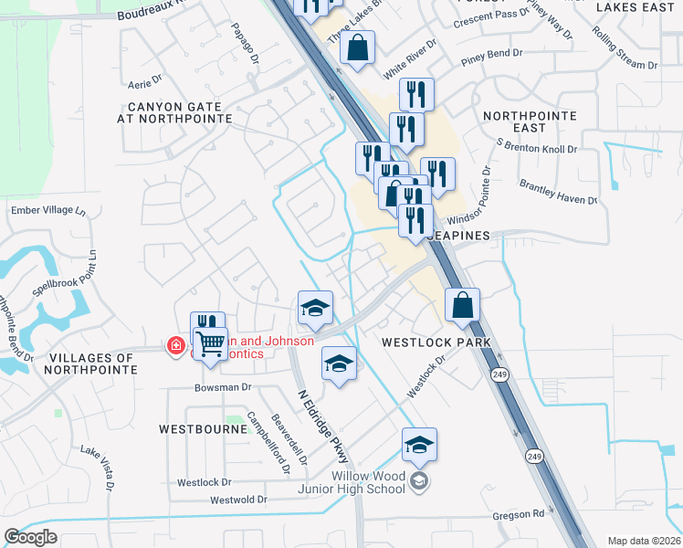 map of restaurants, bars, coffee shops, grocery stores, and more near 11740 Northpointe Boulevard in Tomball