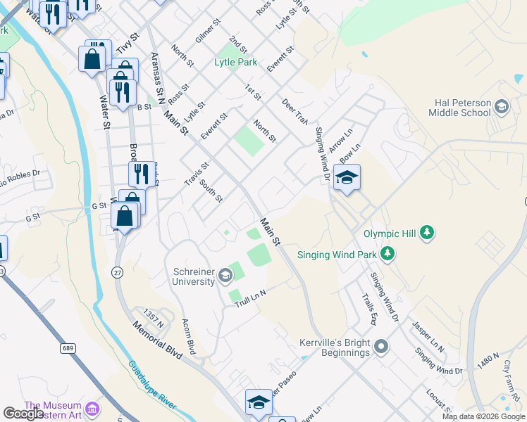 map of restaurants, bars, coffee shops, grocery stores, and more near 1914 Weston Loop in Kerrville