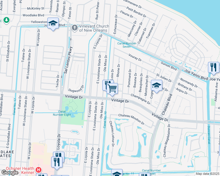 map of restaurants, bars, coffee shops, grocery stores, and more near 601 Chablis Drive in Kenner