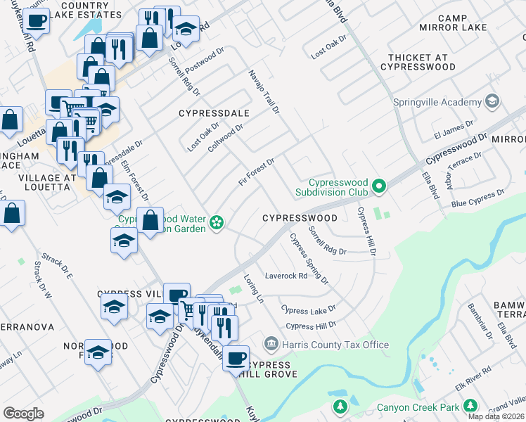 map of restaurants, bars, coffee shops, grocery stores, and more near 17930 Loring Lane in Spring