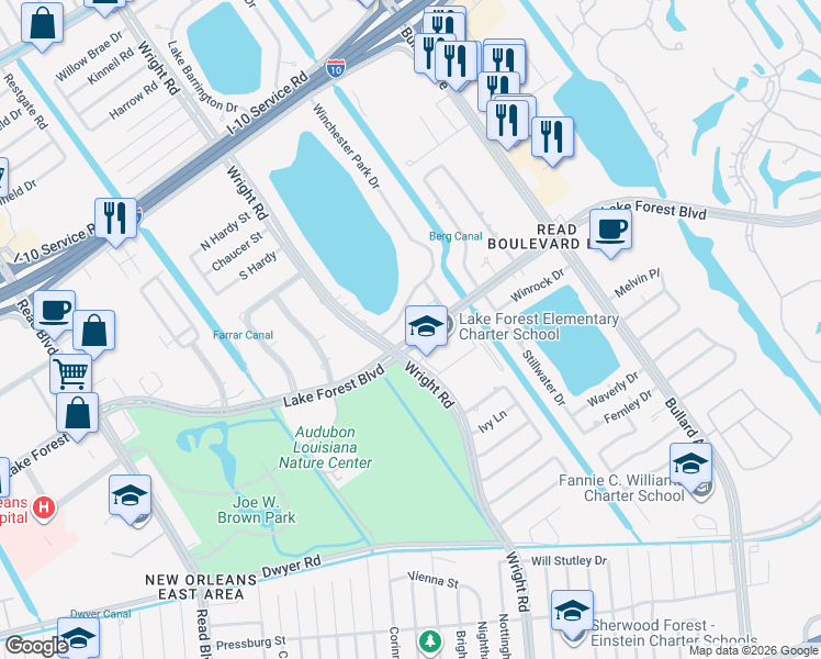 map of restaurants, bars, coffee shops, grocery stores, and more near 1112 Winchester Park Drive in New Orleans