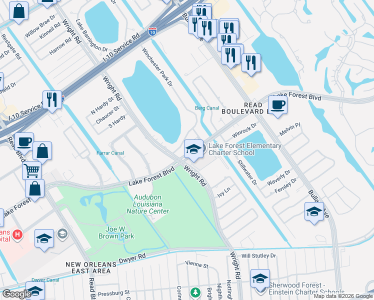 map of restaurants, bars, coffee shops, grocery stores, and more near 1112 Winchester Park Drive in New Orleans