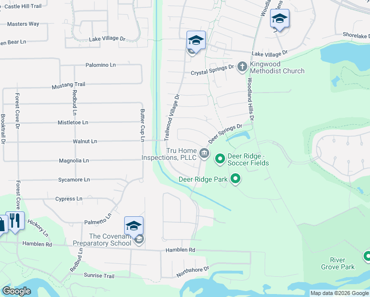 map of restaurants, bars, coffee shops, grocery stores, and more near 2030 Woodland Valley Drive in Humble