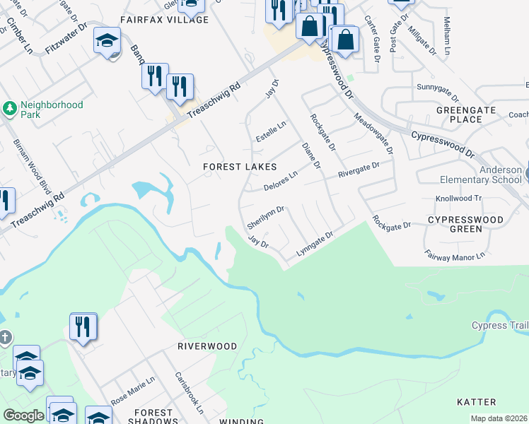map of restaurants, bars, coffee shops, grocery stores, and more near 22306 Jay Drive in Spring