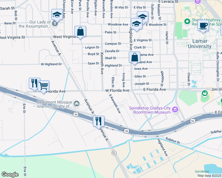 map of restaurants, bars, coffee shops, grocery stores, and more near 720 West Florida Avenue in Beaumont