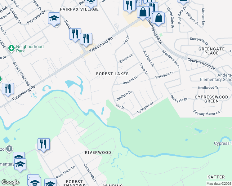 map of restaurants, bars, coffee shops, grocery stores, and more near 22306 Jay Drive in Spring