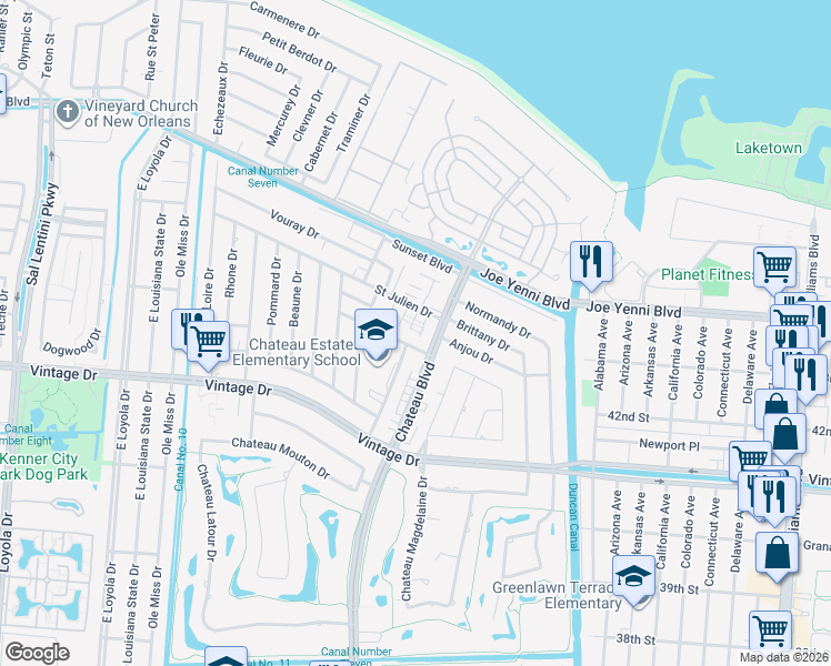 map of restaurants, bars, coffee shops, grocery stores, and more near 4208 Asher Court in Kenner
