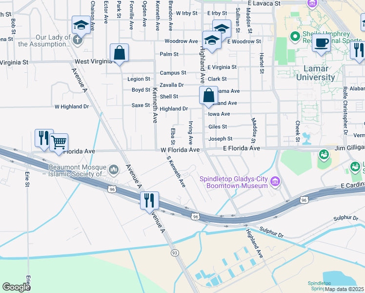 map of restaurants, bars, coffee shops, grocery stores, and more near 664 East Florida Avenue in Beaumont