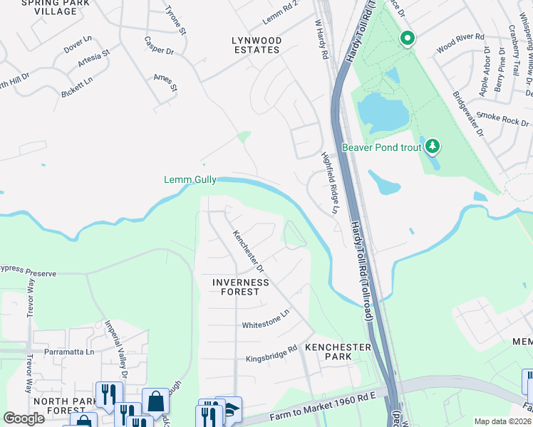 map of restaurants, bars, coffee shops, grocery stores, and more near 1319 Forsythe Lane in Houston