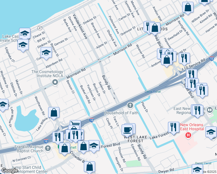 map of restaurants, bars, coffee shops, grocery stores, and more near 7050 Bundy Road in New Orleans