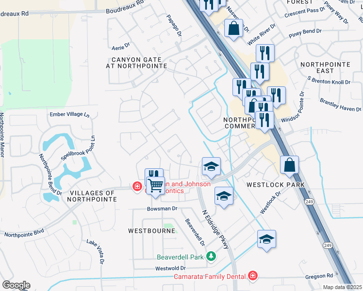 map of restaurants, bars, coffee shops, grocery stores, and more near 11903 Canyon Rock Ln in Tomball
